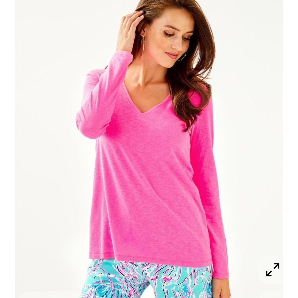 Lilly Pulitzer Top Womens Small Pink Etta Long Sleeve V-Neck Slub Neon